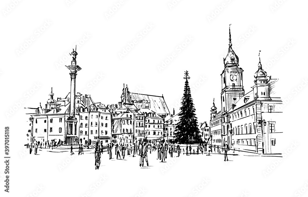 sketch of christmas city Warsaw Poland hand draw sketch of christmas city Warsaw Poland hand draw