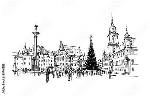 sketch of christmas city Warsaw Poland hand draw