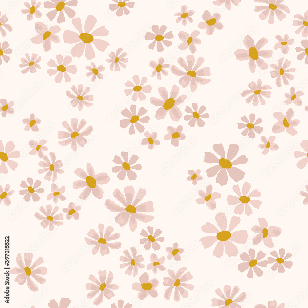 Scattered daisy floral pattern in cream and pink. Ditsy seamless vector background. Small flowers print for textile, home decor, wallpaper, gift wrap. Scattered daisy floral pattern in cream and pink. Ditsy seamless vector background. Small flowers print for textile, home decor, wallpaper, gift wrap.