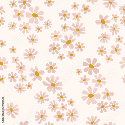 Scattered daisy floral pattern in cream and pink. Ditsy seamless vector background. Small flowers print for textile, home decor, wallpaper, gift wrap.