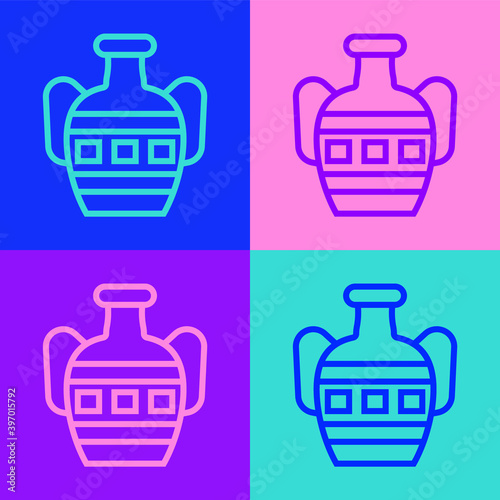 Pop art line Ancient amphorae icon isolated on color background. Vector.