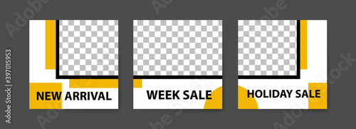 Set of Editable Social media post templates. Black and yellow background color with stripe line shape. fashion advertising. Offer social media banners. vector photo frame mockup illustration
