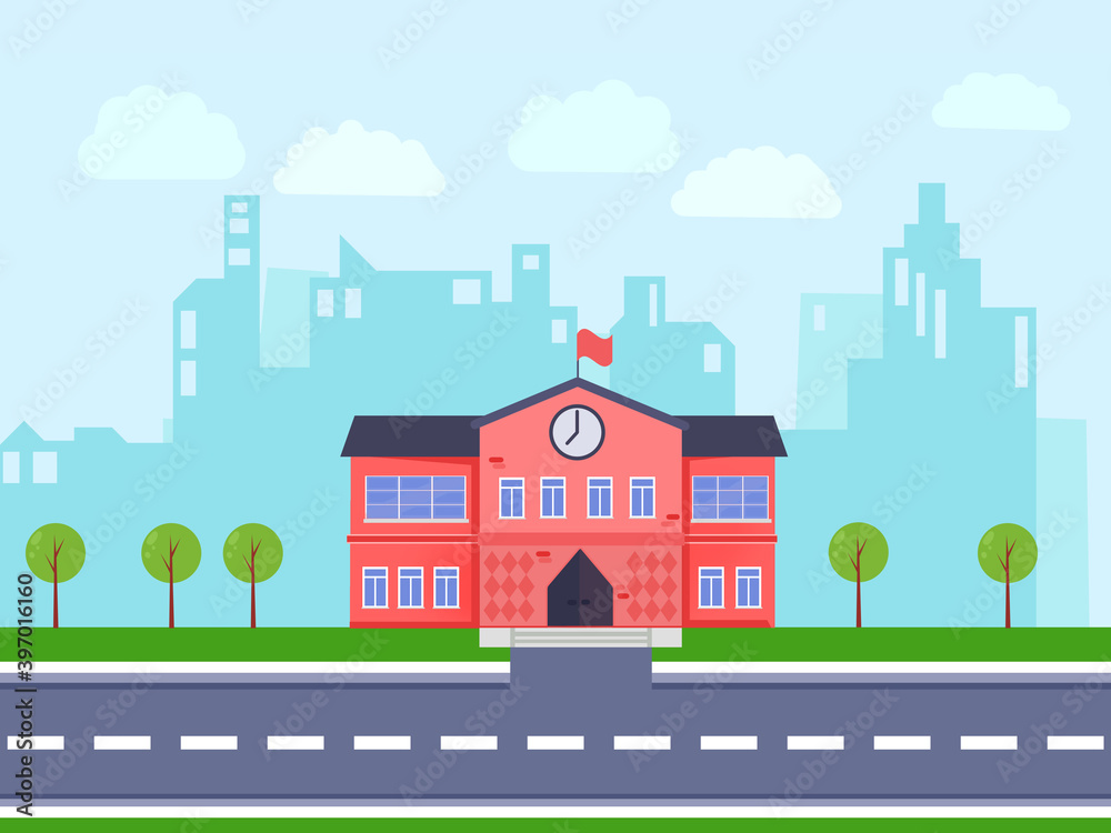 Back to school. School building and road. Education background. Flat illustration