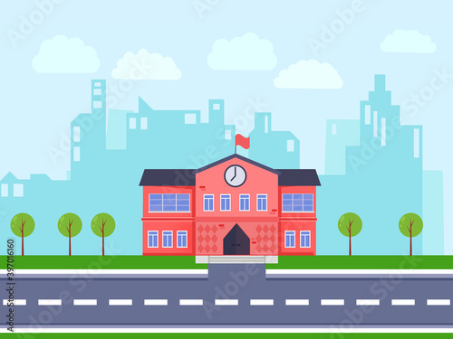 Back to school. School building and road. Education background. Flat illustration