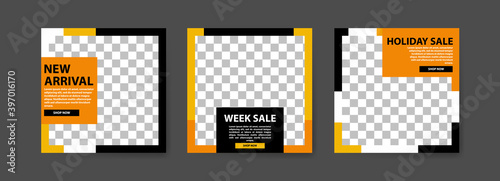 Set of Editable Social media post templates. Black and yellow background color with stripe line shape. fashion advertising. Offer social media banners. vector photo frame mockup illustration