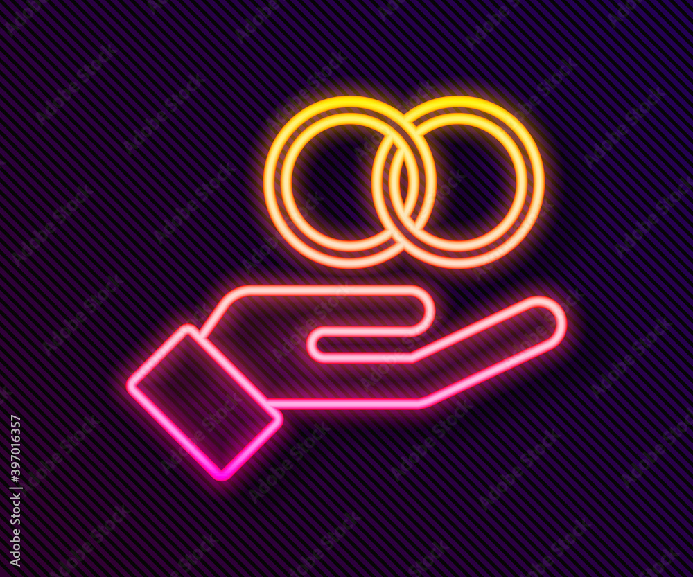 Glowing neon line Wedding rings icon isolated on black background. Bride and groom jewelry sign. Marriage symbol. Diamond ring. Vector. Glowing neon line Wedding rings icon isolated on black background. Bride and groom jewelry sign. Marriage symbol. Diamond ring. Vector.