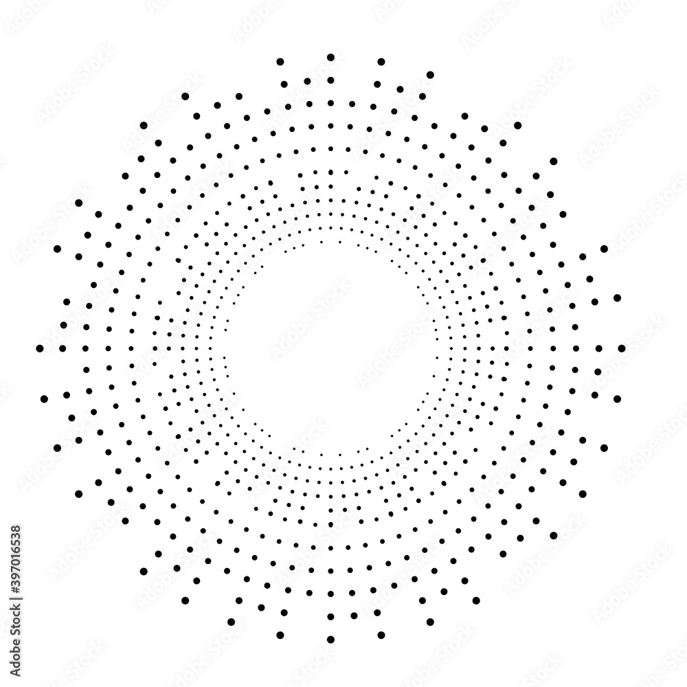 Radial halftone dots in Circle Form for comic books . fireworks Explosion background . Vector Illustration . Starburst
 round Logo . Circular Design element . Abstract Geometric half tones . Sunburst 