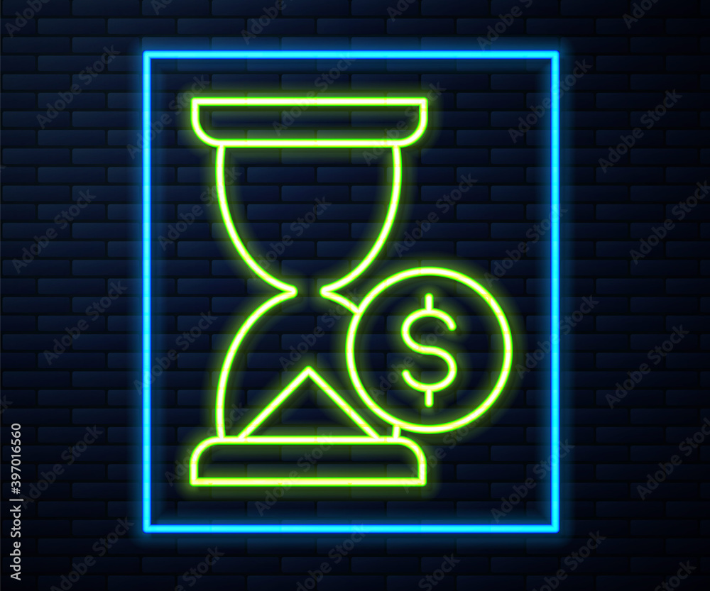 Glowing neon line Hourglass with dollar icon isolated on brick wall background. Money time. Sandglass and money. Growth, income, savings, investment. Vector. Glowing neon line Hourglass with dollar icon isolated on brick wall background. Money time. Sandglass and money. Growth, income, savings, investment. Vector.