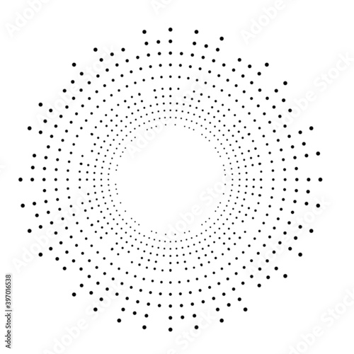 Radial halftone dots in Circle Form for comic books . fireworks Explosion background . Vector Illustration . Starburst
 round Logo . Circular Design element . Abstract Geometric half tones . Sunburst 