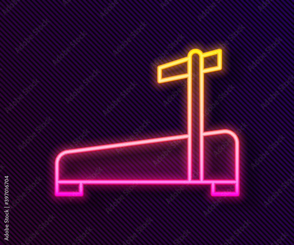 Glowing neon line Treadmill machine icon isolated on black background. Vector. Glowing neon line Treadmill machine icon isolated on black background. Vector.