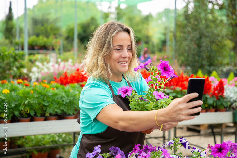 Cheerful female florist taking selfie with potted petunia. Caucasian blonde gardener in apron holding smartphone, smiling and photographing in hothouse. Gardening and digital technology concept