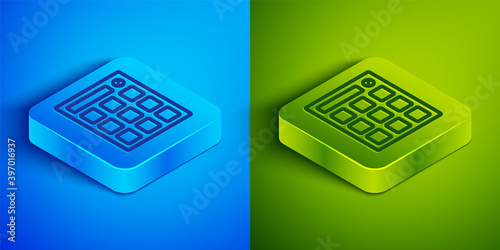 Isometric line Drum machine music producer equipment icon isolated on blue and green background. Square button. Vector.