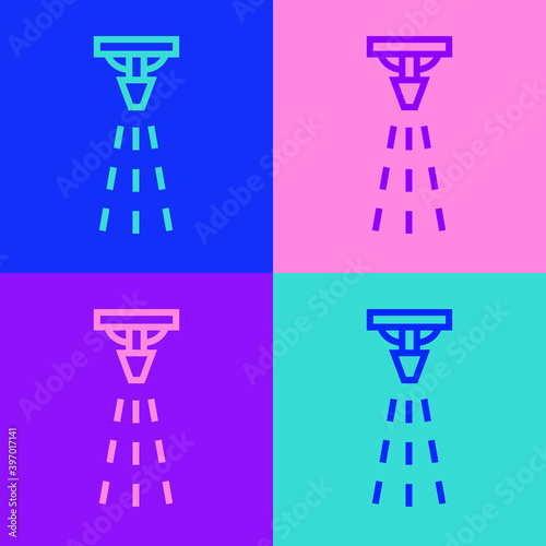 Pop art line Fire sprinkler system icon isolated on color background. Sprinkler, fire extinguisher solid icon. Vector.