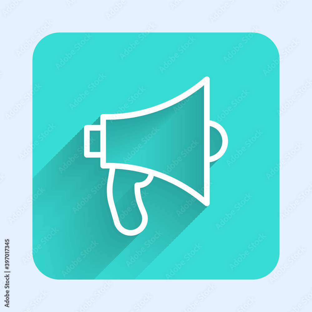 White line Megaphone icon isolated with long shadow. Speaker sign. Green square button. Vector. White line Megaphone icon isolated with long shadow. Speaker sign. Green square button. Vector.