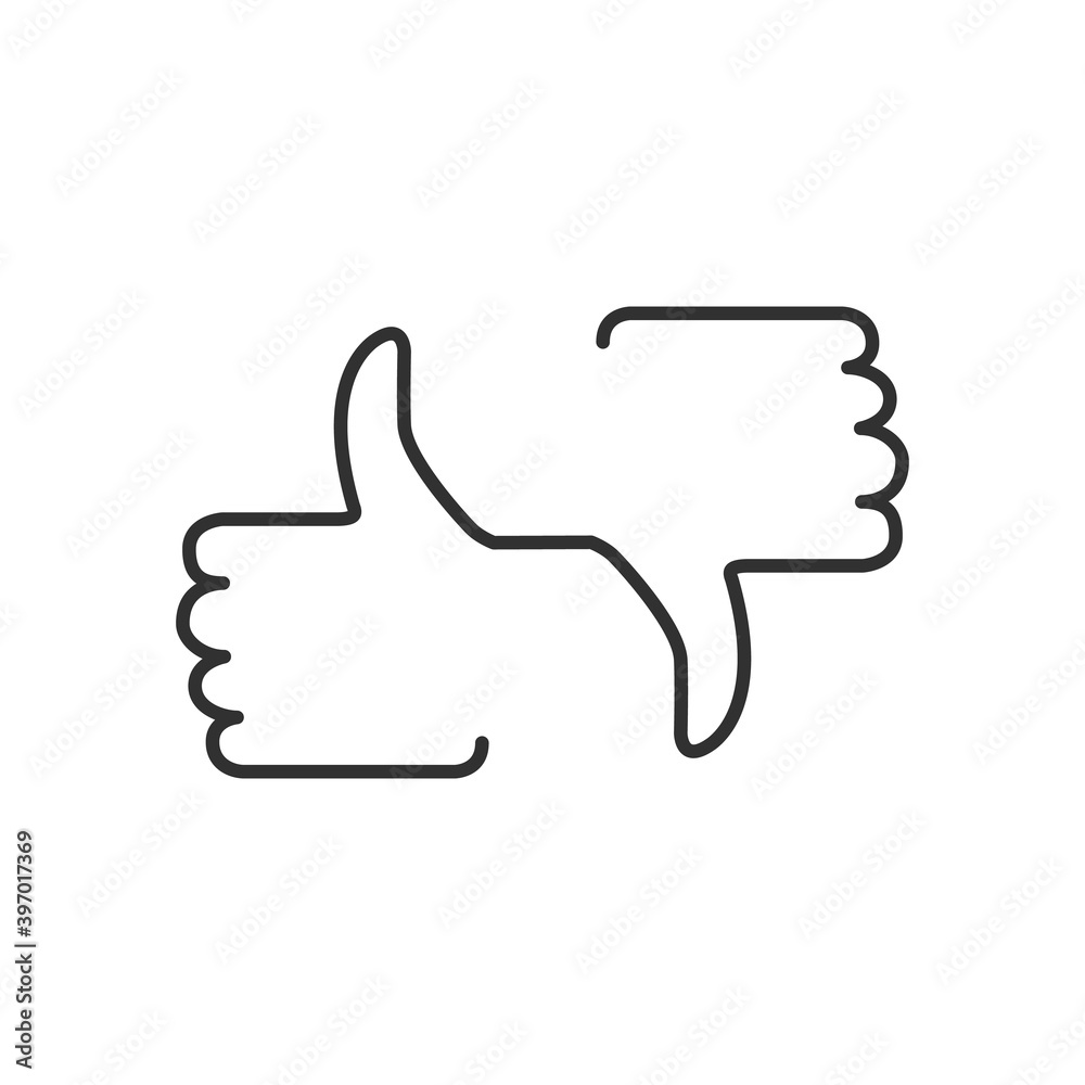 Like and Dislike button, thumb up and down linear icon. Stock vector illustration isolated on white background. Like and Dislike button, thumb up and down linear icon. Stock vector illustration isolated on white background.