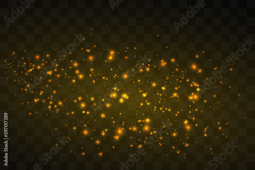 Dust white. White sparks and golden stars shine with special light. Vector sparkles on a transparent background. Christmas abstract pattern. Sparkling magical dust particles
