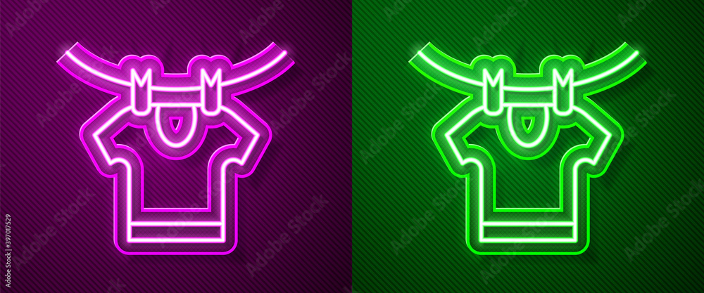 Glowing neon line Drying clothes icon isolated on purple and green background. Clean shirt. Wash clothes on a rope with clothespins. Clothing care and tidiness. Vector. Glowing neon line Drying clothes icon isolated on purple and green background. Clean shirt. Wash clothes on a rope with clothespins. Clothing care and tidiness. Vector.