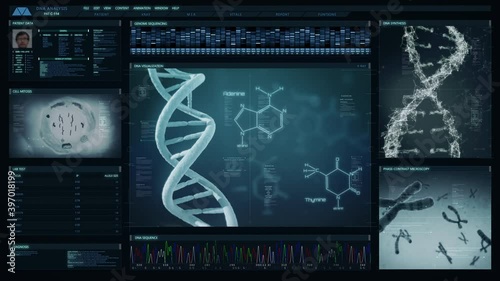 
Futuristic technological interface analyzing human DNA. Medical profile of patient showing, genome sequence, DNA visualization, cell mitosis, chromosome animation. Healthcare information. photo