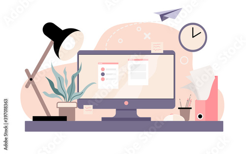 Cozy home office with work desk and computer for work from home, online education, freelance. Cute Vector illustration of workplace with table lamp, plants, clock, paper airplane, isolated on white.
