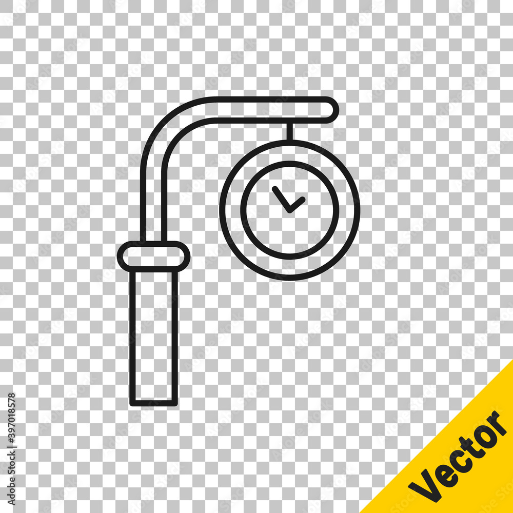 Black line Train station clock icon isolated on transparent background. Vector. Black line Train station clock icon isolated on transparent background. Vector.