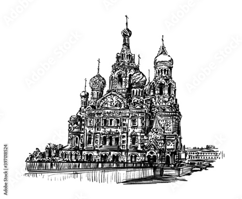sketch of church in Russia hand draw