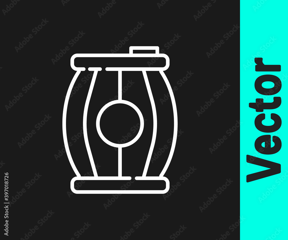 White line Gun powder barrel icon isolated on black background. TNT dynamite wooden old barrel. Vector.