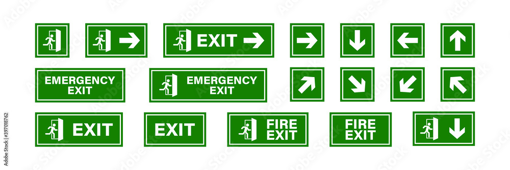 Exit sign set. Emergency and fireexit icons. Man running out arrow, green background. Isolated vector illustration