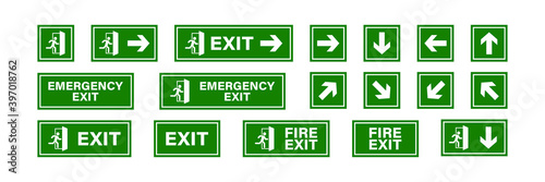 Exit sign set. Emergency and fireexit icons. Man running out arrow, green background. Isolated vector illustration