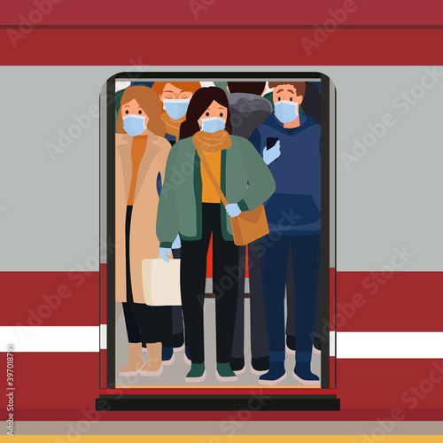 People in subway, male and female characters with protective masks on faces. Coronavirus pandemic. Vector illustration.