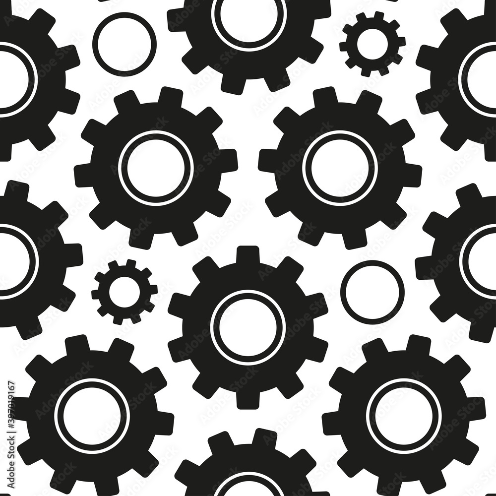Black gears isolated on white background. Monochrome seamless pattern. Vector flat graphic illustration. Texture.