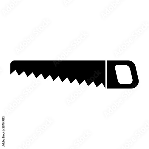 Hacksaw icon. Hand saw. Black silhouette. Horizontal view. Vector flat graphic illustration. The isolated object on a white background. Isolate.