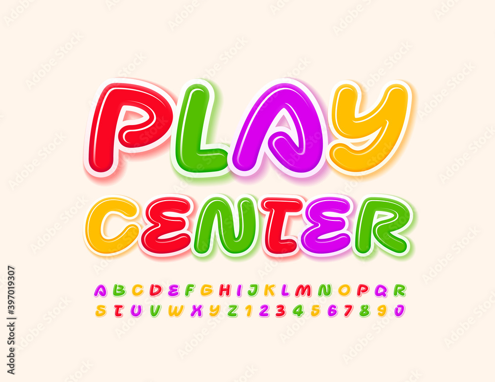 Vector funny emblem Play Canter. Bright creative Font. Colorful Alphabet Letters and Numbers set Vector funny emblem Play Canter. Bright creative Font. Colorful Alphabet Letters and Numbers set