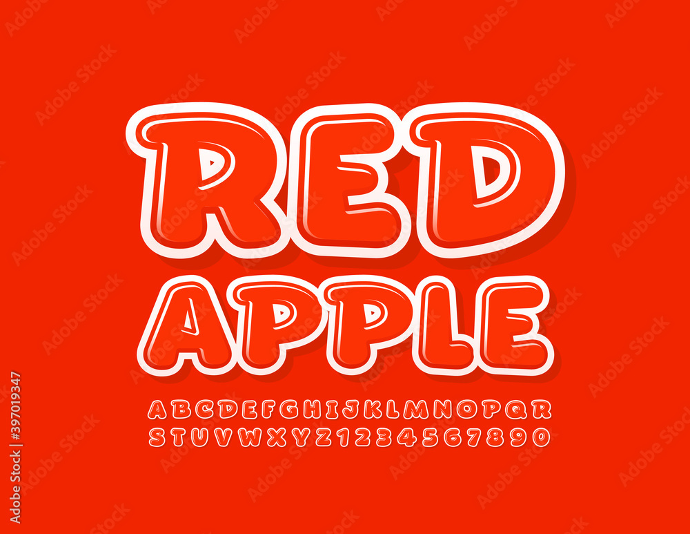 Vector bright logo Red Apple. Funny modern Font. Comic Alphabet Letters and Numbers set