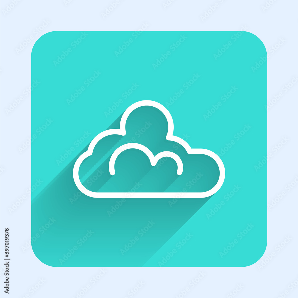 White line Cloud weather icon isolated with long shadow. Green square button. Vector. White line Cloud weather icon isolated with long shadow. Green square button. Vector.