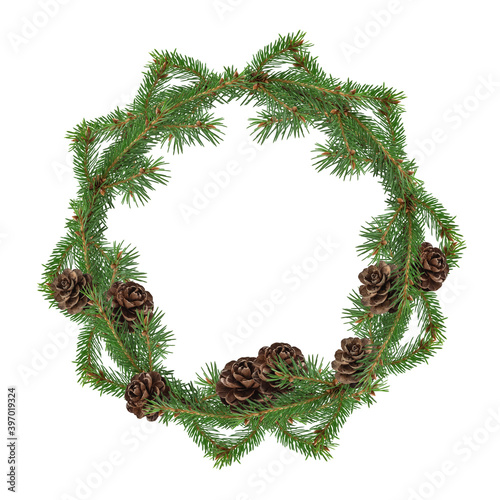 Christmas fir wreath decorated with pine cones on white background