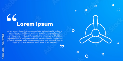 White line Plane propeller icon isolated on blue background. Vintage aircraft propeller. Vector.