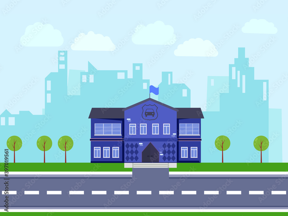 Police building and road. Flat illustration