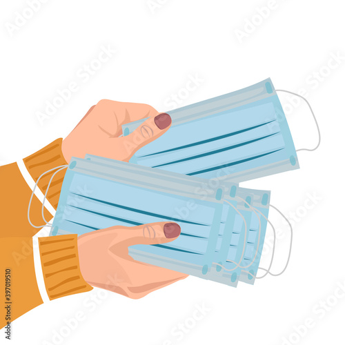 A volunteers hand out free face masks amid the coronavirus (covid-19) pandemic. Vector illustration.