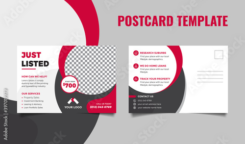 Real estate postcard template. Just listed real estate postcard template with red and black shape.