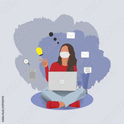 girl with laptop in the sofa 2D flat color faceless character. Quarantine COVID-19 remote work from home. Freelance. Design for web, print. Vector isolated illustration.