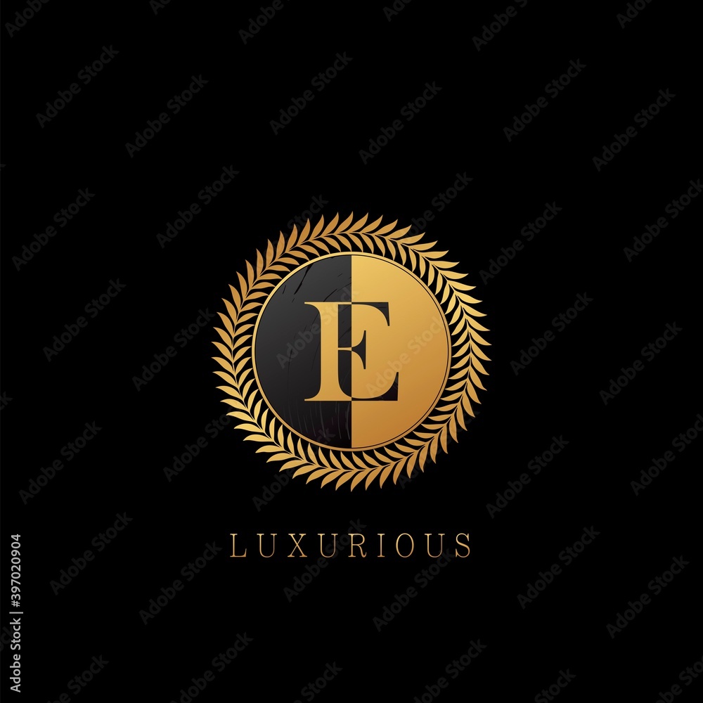 Fototapeta premium Golden E letter Logo Luxurious Nature Leaves, elegance vector design concept circle floral leaves with negative space letter logo.