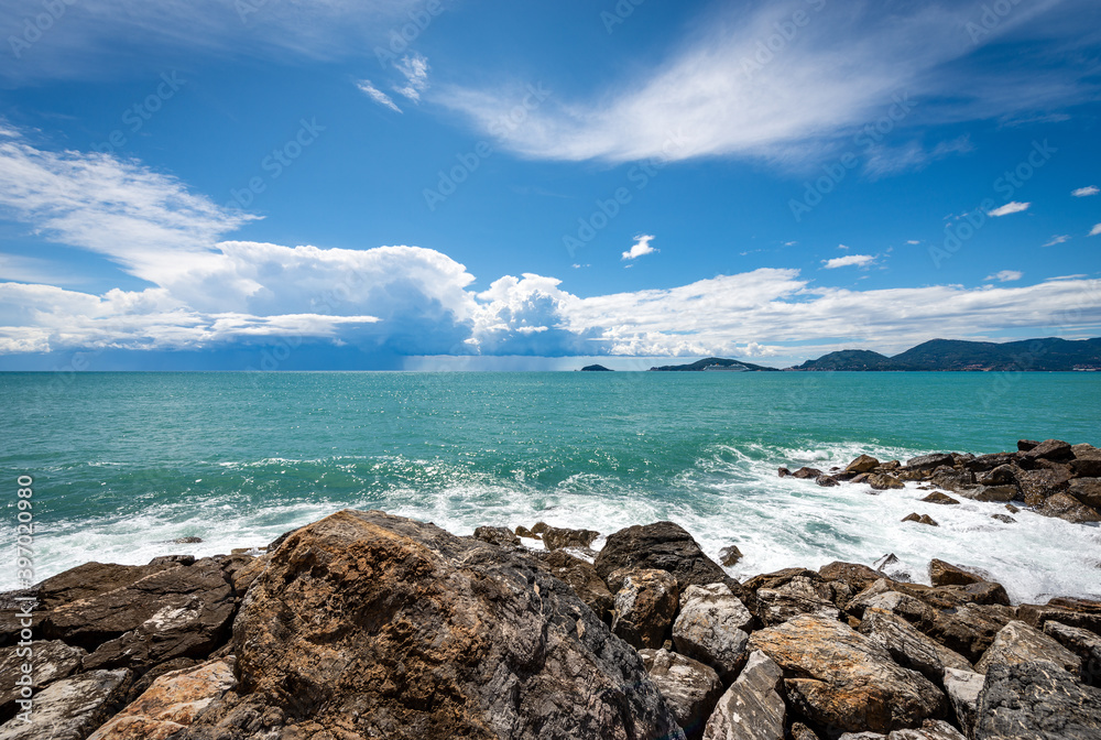 Beautiful Seascape in the Gulf of La Spezia, Mediterranean Sea, Tellaro village, Liguria, Italy, Europe. Beautiful Seascape in the Gulf of La Spezia, Mediterranean Sea, Tellaro village, Liguria, Italy, Europe.