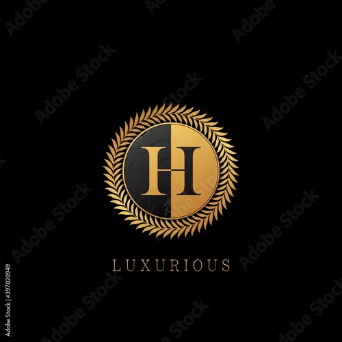 Golden H letter Logo Luxurious Nature Leaves, elegance vector design concept circle floral leaves with negative space letter logo.