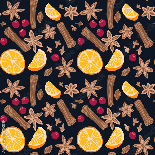 Decorative vector seamless pattern with spices and ingredients for mulled wine.