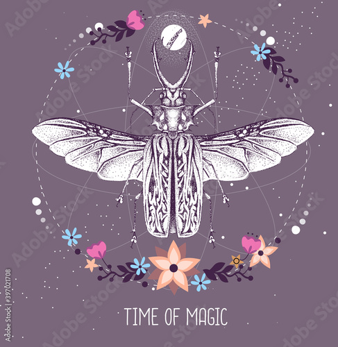 Modern magic witchcraft taros card with Sabertooth Longhorn beetle on astrology background. Vector illustration