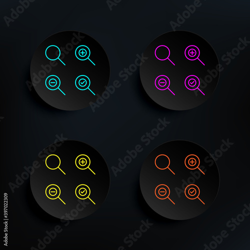 Magnifier, plus, check, minus sign dark badge color set icon. Simple thin line, outline vector of web icons for ui and ux, website or mobile application