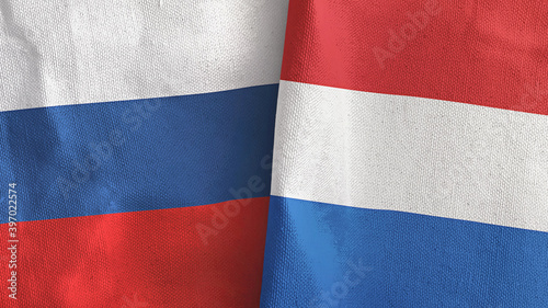 Netherlands and Russia two flags textile cloth 3D rendering