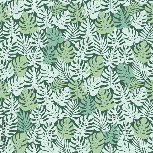 Tropical leaf monstera vector pattern. Floral design seamless pattern in green tones. Hand drawn.