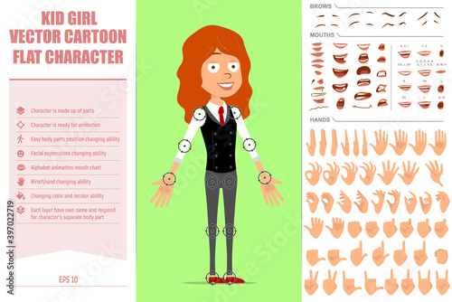 Cartoon flat funny redhead girl character in business suit with red tie. Ready for animation. Face expressions, eyes, brows, mouth and hands easy to edit. Isolated on green background. Vector set.