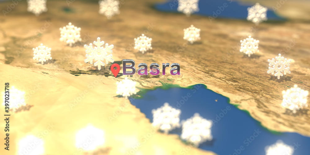 Snowy weather icons near Basra city on the map, weather forecast related 3D rendering Snowy weather icons near Basra city on the map, weather forecast related 3D rendering